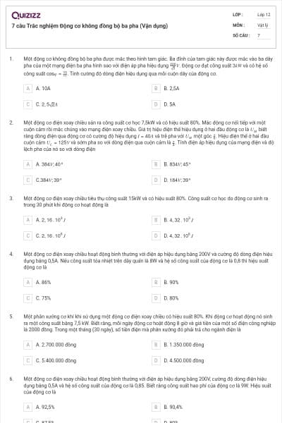 7 câu Trắc nghiệm Động cơ không đồng bộ ba pha (Vận dụng)