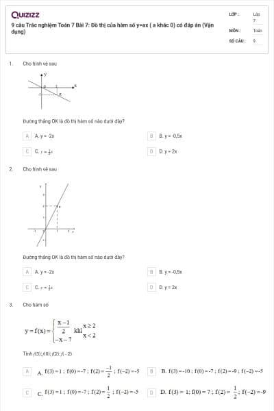 9 câu Trắc nghiệm Toán 7 Bài 7: Đồ thị của hàm số y=ax ( a khác 0) có đáp án (Vận dụng)