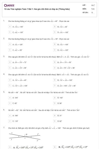 10 câu Trắc nghiệm Toán 7 Bài 1: Hai góc đối đỉnh có đáp án (Thông hiểu)