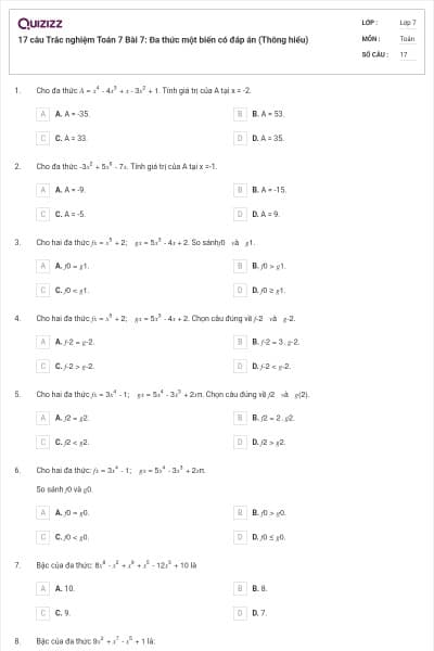 17 câu Trắc nghiệm Toán 7 Bài  7: Đa thức một biến có đáp án (Thông hiểu)