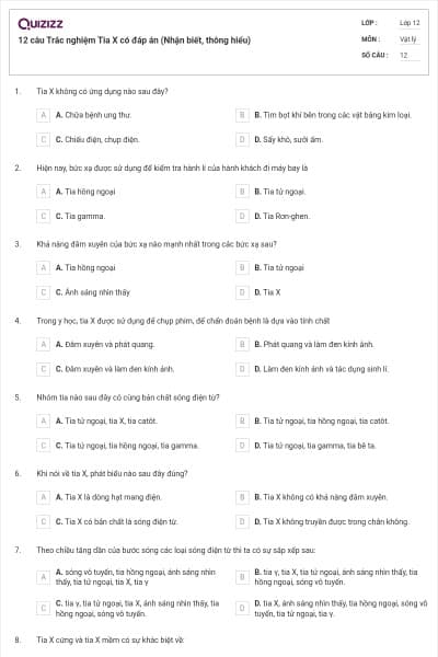 12 câu Trắc nghiệm Tia X có đáp án (Nhận biết, thông hiểu)