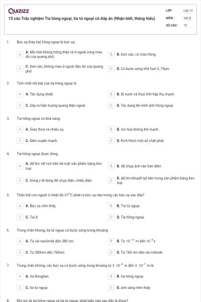 15 câu Trắc nghiệm Tia hồng ngoại, tia tử ngoại có đáp án (Nhận biết, thông hiểu)
