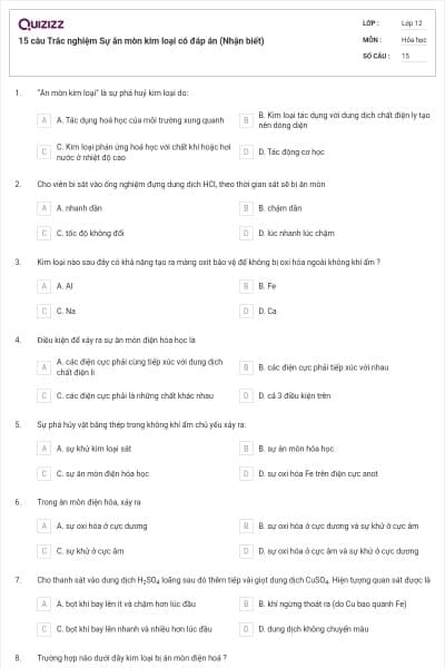 15 câu Trắc nghiệm Sự ăn mòn kim loại có đáp án (Nhận biết)