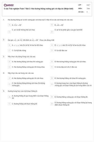 5 câu Trắc nghiệm Toán 7 Bài 2: Hai đường thẳng vuông góc có đáp án (Nhận biết)