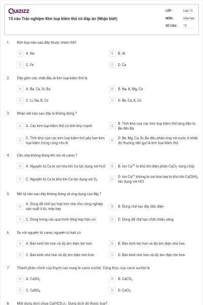 15 câu Trắc nghiệm Kim loại kiềm thổ có đáp án (Nhận biết)