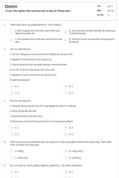 15 câu Trắc nghiệm Kim loại kiềm thổ có đáp án (Thông hiểu)