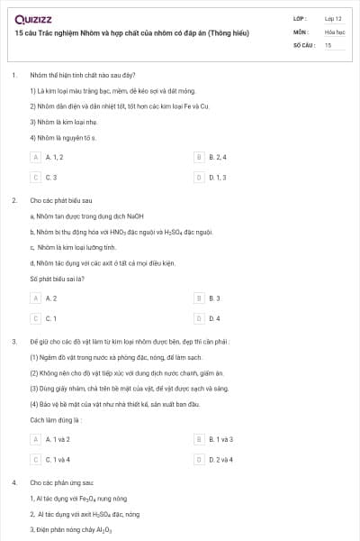 15 câu Trắc nghiệm Nhôm và hợp chất của nhôm có đáp án (Thông hiểu)