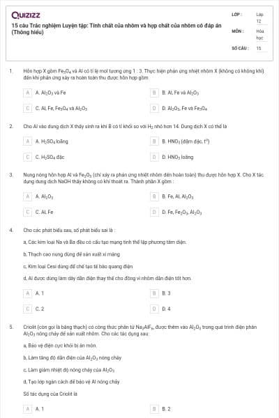 15 câu Trắc nghiệm Luyện tập: Tính chất của nhôm và hợp chất của nhôm có đáp án (Thông hiểu)