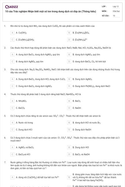 10 câu Trắc nghiệm Nhận biết một số ion trong dung dịch có đáp án (Thông hiểu)