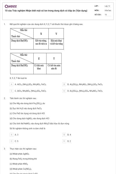 10 câu Trắc nghiệm Nhận biết một số ion trong dung dịch có đáp án (Vận dụng)