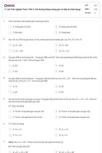 11 câu Trắc nghiệm Toán 7 Bài 2: Hai đường thẳng vuông góc có đáp án (Vận dụng)
