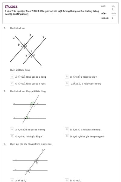 9 câu Trắc nghiệm Toán 7 Bài 3: Các góc tạo bởi một đường thẳng cắt hai đường thẳng có đáp án (Nhận biết)