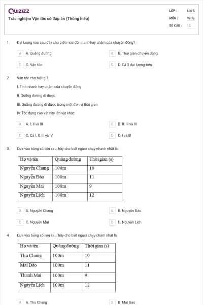 Trắc nghiệm Vận tốc có đáp án (Thông hiểu)