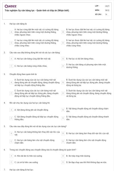 Trắc nghiệm Sự cân bằng lực - Quán tính có đáp án (Nhận biết)