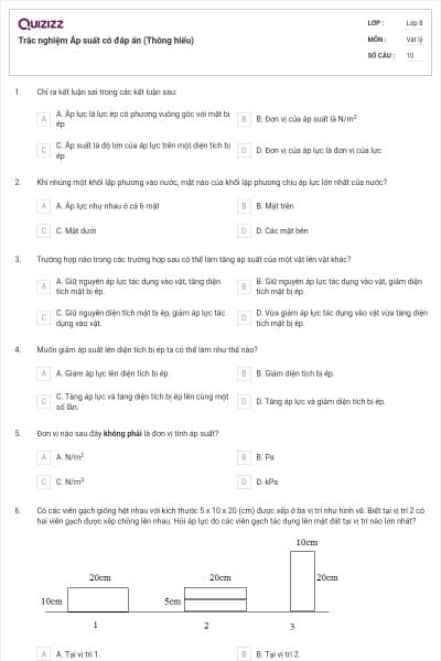 Trắc nghiệm Áp suất có đáp án (Thông hiểu)