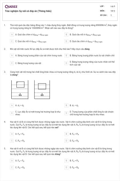 Trắc nghiệm Sự nổi có đáp án (Thông hiểu)