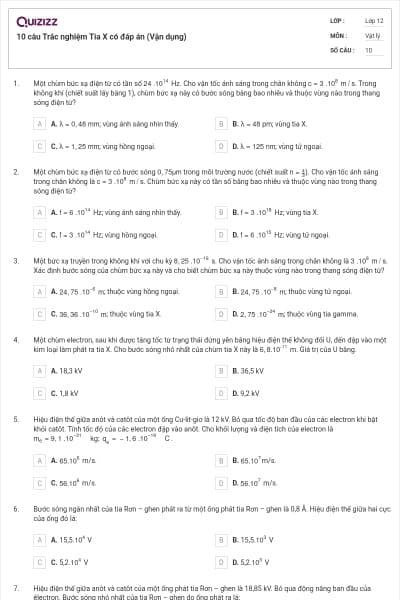 10 câu Trắc nghiệm Tia X có đáp án (Vận dụng)