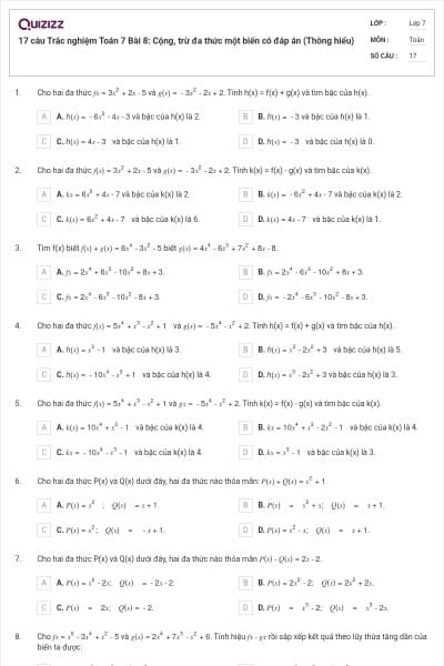 17 câu Trắc nghiệm Toán 7 Bài 8: Cộng, trừ đa thức một biến có đáp án (Thông hiểu)