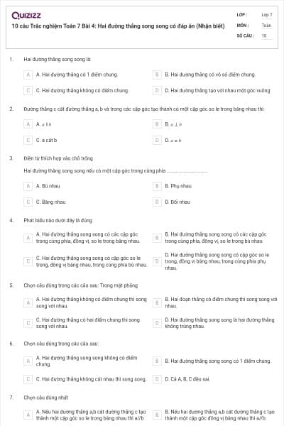 10 câu Trắc nghiệm Toán 7 Bài 4: Hai đường thẳng song song có đáp án (Nhận biết)