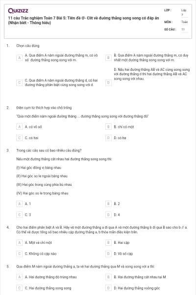 11 câu Trắc nghiệm Toán 7 Bài 5: Tiên đề Ơ- Clit về đường thẳng song song có đáp án (Nhận biết - Thông hiểu)