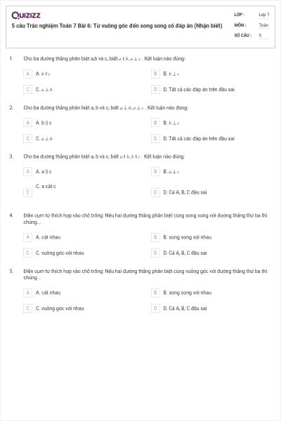 5 câu Trắc nghiệm Toán 7 Bài 6: Từ vuông góc đến song song có đáp án (Nhận biết)
