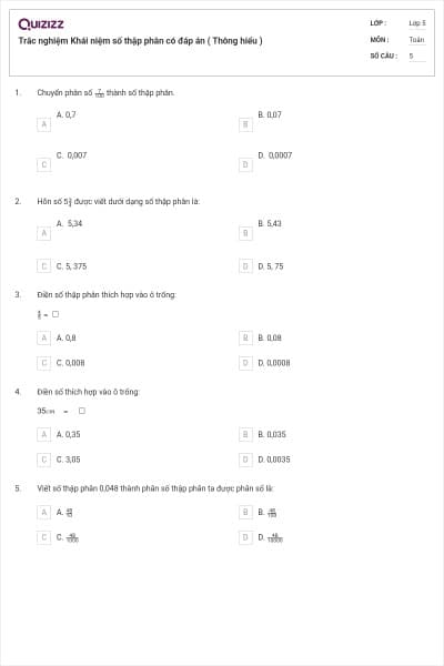 Trắc nghiệm Khái niệm số thập phân có đáp án ( Thông hiểu )