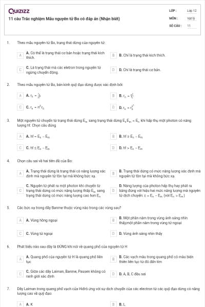 11 câu Trắc nghiệm Mẫu nguyên tử Bo có đáp án (Nhận biết)