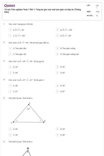 10 câu Trắc nghiệm Toán 7 Bài 1: Tổng ba góc của một tam giác có đáp án (Thông hiểu)