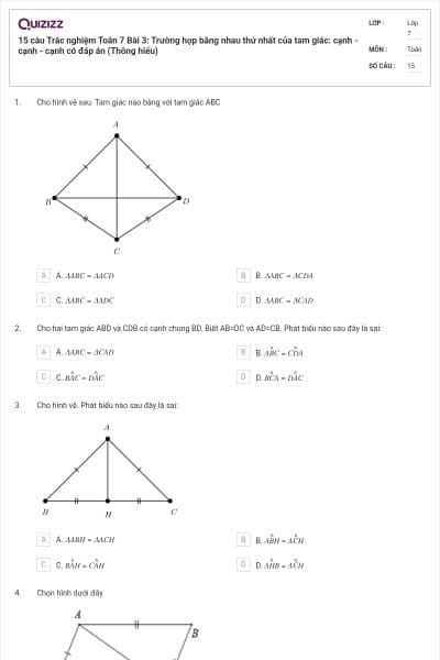 15 câu Trắc nghiệm Toán 7 Bài 3: Trường hợp bằng nhau thứ nhất của tam giác: cạnh - cạnh - cạnh có đáp án (Thông hiểu)