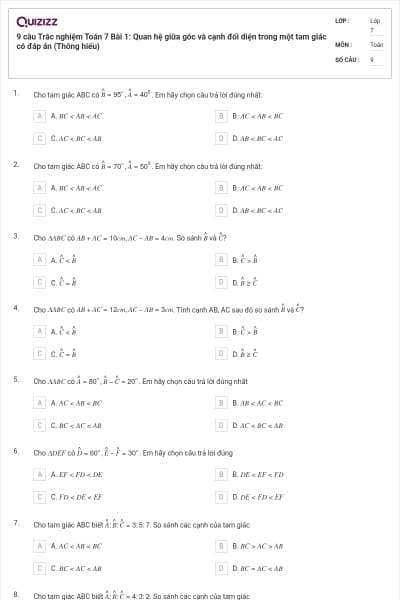 9 câu Trắc nghiệm Toán 7 Bài 1: Quan hệ giữa góc và cạnh đối diện trong một tam giác có đáp án (Thông hiểu)