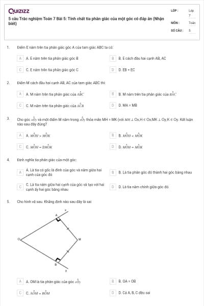 5 câu Trắc nghiệm Toán 7 Bài 5: Tính chất tia phân giác của một góc có đáp án (Nhận biết)
