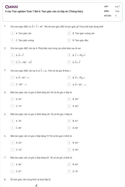 9 câu Trắc nghiệm Toán 7 Bài 6: Tam giác cân có đáp án (Thông hiểu)