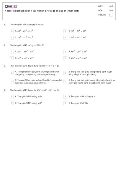 4 câu Trắc nghiệm Toán 7 Bài 7: Định lí Pi-ta-go có đáp án (Nhận biết)