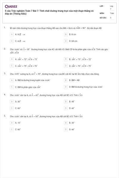 5 câu Trắc nghiệm Toán 7 Bài 7: Tính chất đường trung trực của một đoạn thẳng có đáp án (Thông hiểu)