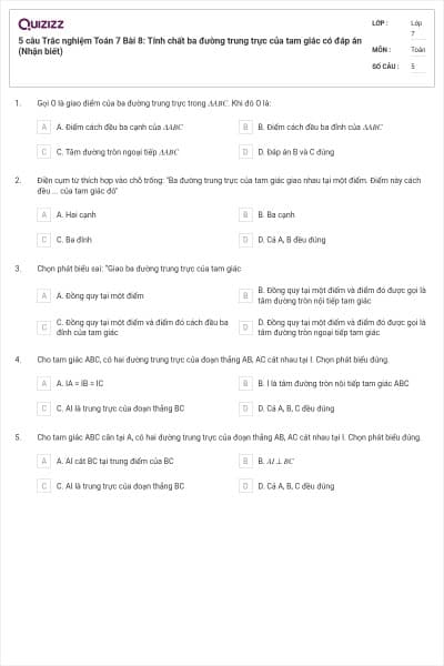 5 câu Trắc nghiệm Toán 7 Bài 8: Tính chất ba đường trung trực của tam giác có đáp án (Nhận biết)