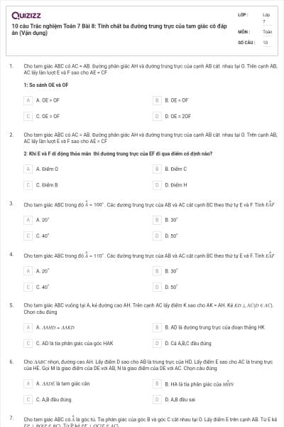 10 câu Trắc nghiệm Toán 7 Bài 8: Tính chất ba đường trung trực của tam giác có đáp án (Vận dụng)
