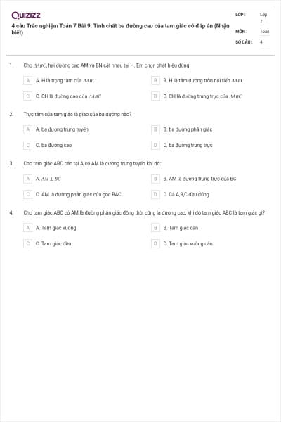 4 câu Trắc nghiệm Toán 7 Bài 9: Tính chất ba đường cao của tam giác có đáp án (Nhận biết)