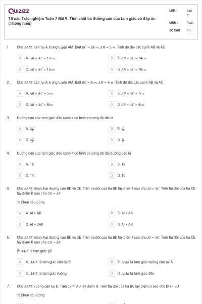 15 câu Trắc nghiệm Toán 7 Bài 9: Tính chất ba đường cao của tam giác có đáp án (Thông hiểu)