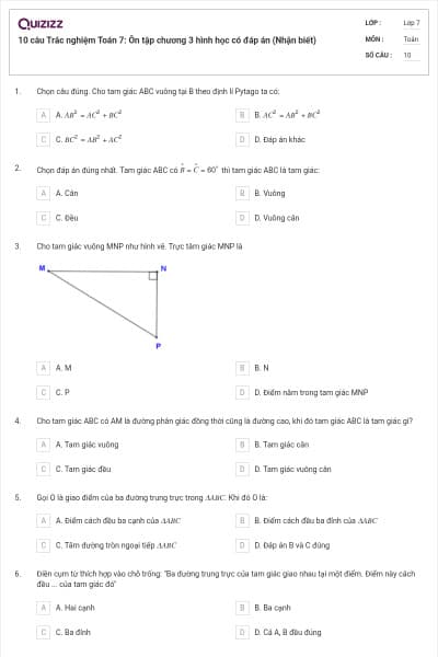10 câu Trắc nghiệm Toán 7: Ôn tập chương 3 hình học có đáp án (Nhận biết)