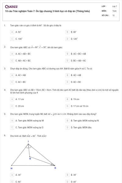 10 câu Trắc nghiệm Toán 7: Ôn tập chương 3 hình học có đáp án (Thông hiểu)