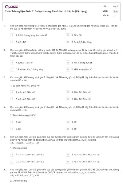 7 câu Trắc nghiệm Toán 7: Ôn tập chương 3 hình học có đáp án (Vận dụng)