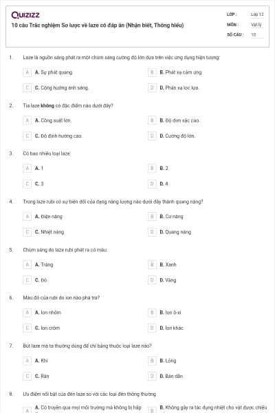 10 câu Trắc nghiệm Sơ lược về laze có đáp án (Nhận biết, Thông hiểu)