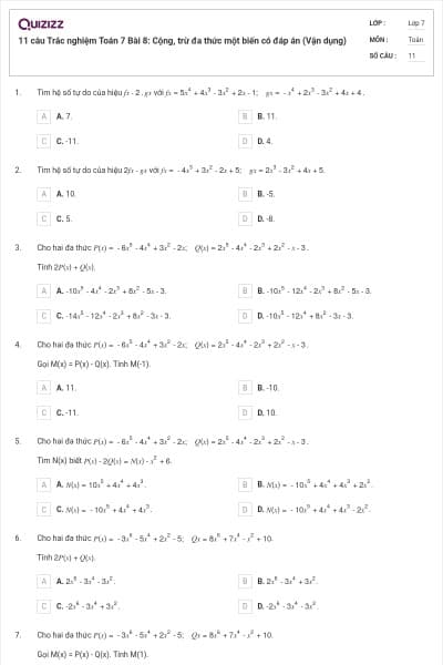 11 câu Trắc nghiệm Toán 7 Bài 8: Cộng, trừ đa thức một biến có đáp án (Vận dụng)