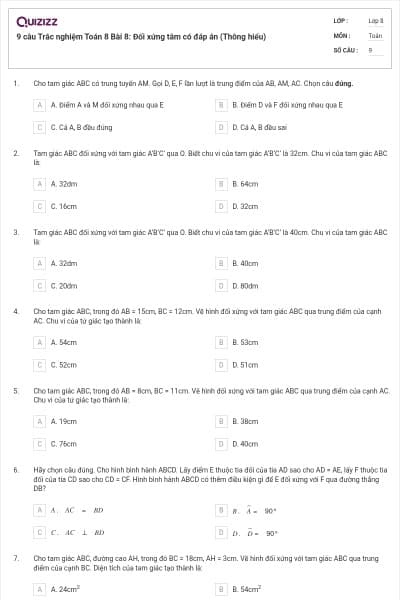 9 câu Trắc nghiệm Toán 8 Bài 8: Đối xứng tâm có đáp án (Thông hiểu)