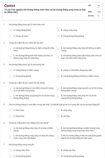 10 câu Trắc nghiệm Hai đường thẳng chéo nhau và hai đường thẳng song song có đáp án (Nhận biết)
