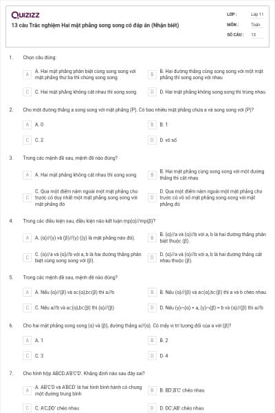 13 câu Trắc nghiệm Hai mặt phẳng song song có đáp án (Nhận biết)