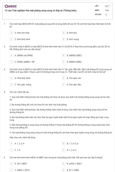 12 câu Trắc nghiệm Hai mặt phẳng song song có đáp án (Thông hiểu)