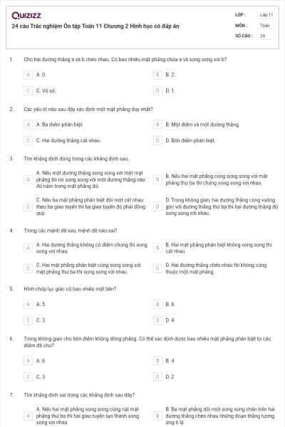 24 câu Trắc nghiệm Ôn tập Toán 11 Chương 2 Hình học có đáp án