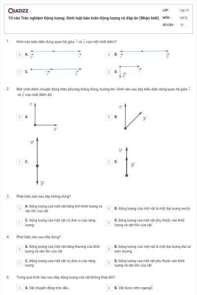 10 câu  Trắc nghiệm Động lượng. Định luật bảo toàn động lượng có đáp án (Nhận biết)