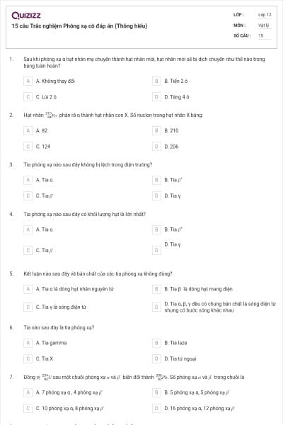 15 câu Trắc nghiệm Phóng xạ có đáp án (Thông hiểu)